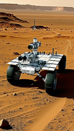 A White Vehicle With A Large Camera On Top Of It, Driving Across A Sandy Terrain