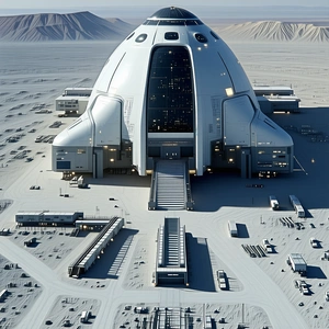 The Image Is A Futuristic Scene Of A Large White Building With A Dome-shaped Roof