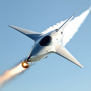 A White Jet Is Flying Through The Sky, Leaving A Trail Of Smoke Behind It