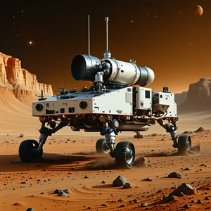 A Futuristic Vehicle, Possibly A Spacecraft Or A Rover, Driving Across A Rocky Terrain