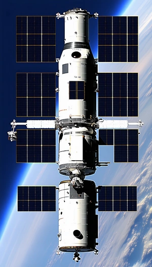 A Large Spacecraft With A White And Black Color Scheme