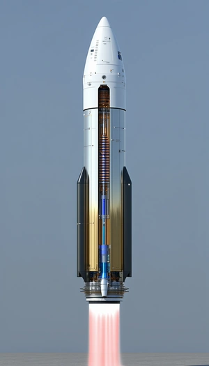 A Large Rocket Is Shown In A White And Blue Color Scheme