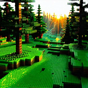 Nature Voxel Art: Forest scene during sunrise