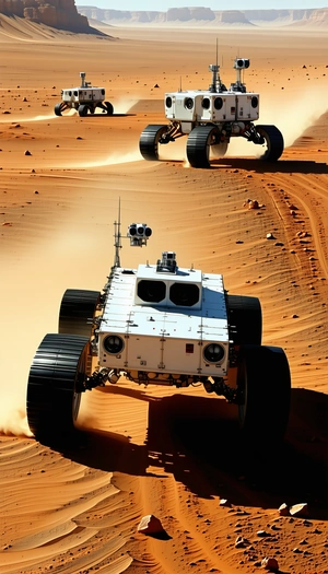 A White Robot Is Driving On A Sandy Surface, With A Dirt Road In The Background