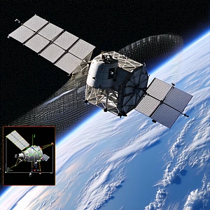 A Spacecraft Is Shown In A Close-up View, With A Large Satellite Dish On The Front