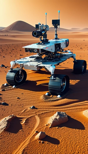 A Large Robotic Vehicle, Possibly A Rover, Sitting On A Sandy Surface