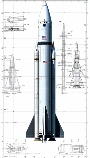 A White Rocket Ship Is Shown In A Drawing, With A Large American Flag On The Side