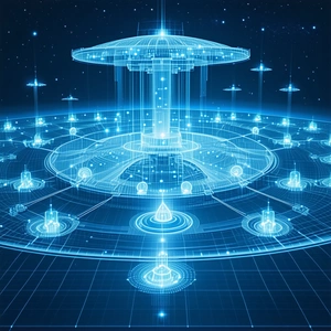The Image Is A Futuristic, Blue-toned Illustration Of A Space Station