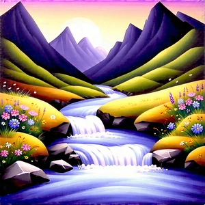 Nature Charcoal Drawing: Mountain Stream Surrounded By Wildflowers With Beautiful Waterfall