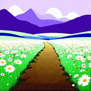 Nature Flat Design: Path Through Flowering Meadow With Beautiful Landscape