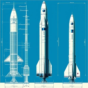 A Blue Drawing Of A Rocket Ship Is Shown In Three Different Stages