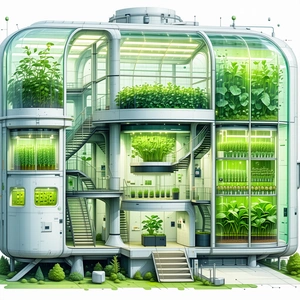 In This Image, There Is A Large, Futuristic Building That Houses A Variety Of Plants