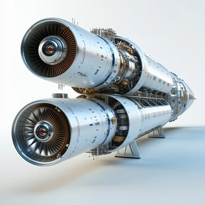 A Large Jet Engine Is Displayed In A Showroom, With Its Two Large Turbine Engines On Display