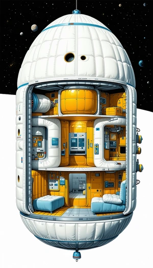 In The Image, There Is A Large, White, And Yellow Spacecraft With A Dome-shaped Top