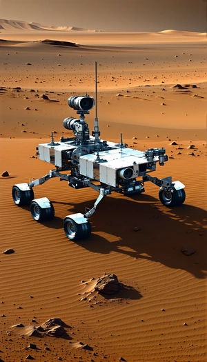 A Large Robotic Vehicle, Possibly A Rover, Sitting On A Dirt Surface