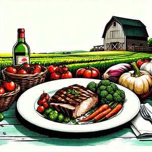 Lifestyle Woodcut Print: Farm-to-table Meal Prepared With Fresh Ingredients With Large Plate