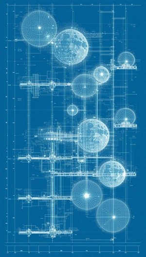 The Image Is A Blue And White Drawing Of A Building With A Large Number Of Circles And Spheres