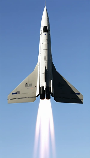 A Space Shuttle Is Flying Through The Sky, With A Long White Rocket Attached To Its Back