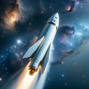 A Rocket Ship Flying Through The Night Sky
