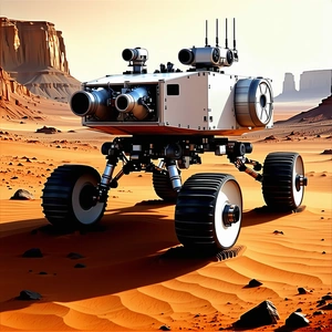 A Futuristic Vehicle, Possibly A Robot Or A Spacecraft, Driving Across A Desert Landscape