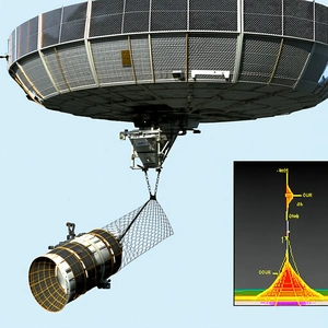 A Large Satellite Dish That Is Being Lifted Into The Air By A Crane