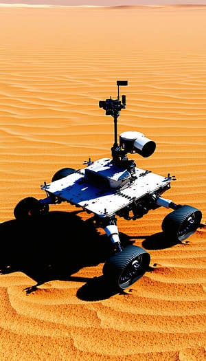 A White Robotic Vehicle With A Camera On Top, Driving Across A Sandy Terrain