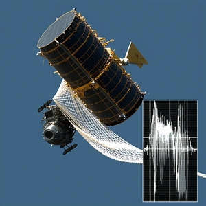 A Space Shuttle Is Flying Through The Sky, With A Large Net-like Structure Beneath It