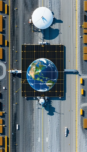 A Large, Round, Solar Panel Is Prominently Displayed In The Middle Of A Parking Lot