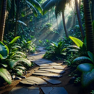 Nature Digital Art: Path Through Tropical Jungle With Lush, Tropical