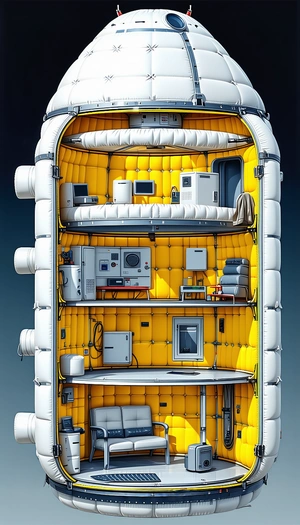 In This Image, There Is A Large, Multi-level Space Filled With Various Appliances And Furniture
