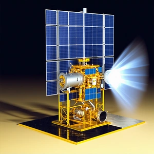 A Yellow And Blue Spacecraft Is Shown In A Close-up View