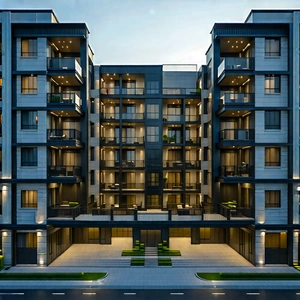 Urban Low Poly: (modern:1.15) apartment complex with dramatic lighting