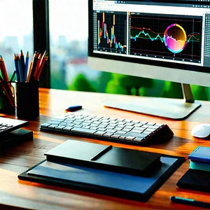 Business Voxel Art: Workplace with productivity tools on desk