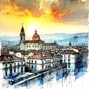 Urban Ink Drawing: Cityscape of historic city center during sunrise