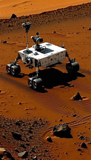 A White Robotic Vehicle, Possibly A Rover, Driving Across A Red Dirt Surface