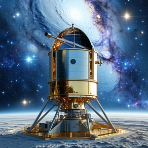 A Large, Shiny Spacecraft With A Dome-shaped Top, Sitting On A Flat Surface