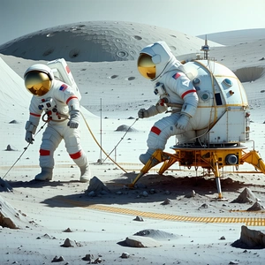 In The Image, There Are Two Astronauts Standing On A Rocky Surface, Possibly On The Moon