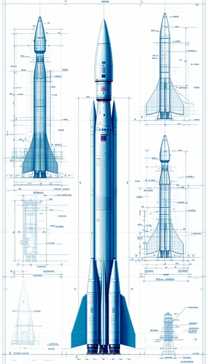 A Blue Rocket Ship Is Shown In A Series Of Blueprints