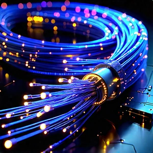 Close-up Of Fiber Optic Cables With Blue Wire