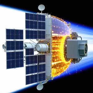 A Spacecraft Is Shown In A Close-up View, With Its Solar Panels And Other Components Clearly Visible