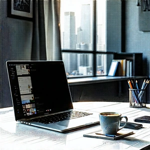 Business Etching: Workplace With Laptop And Coffee On Desk With Desk Laptop