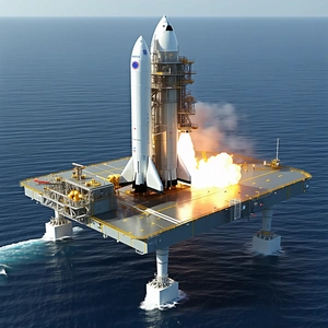 A Large White Rocket Ship Is Docked On A Floating Platform In The Ocean