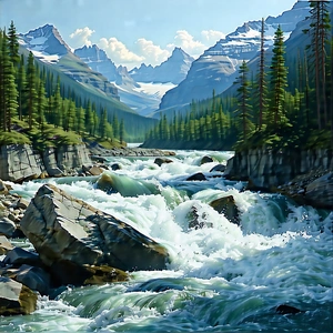 Nature Stock Photography: Rushing River Surrounded By Mountain Peaks With Beautiful Scene