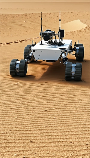 A White Robotic Vehicle With Four Wheels, Driving Across A Sandy Terrain