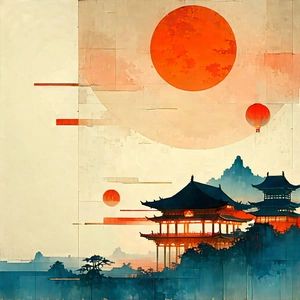 Abstract Ukiyo-e Style: (minimalist:1.14) Composition With Analogous Color Palette With Painting, There