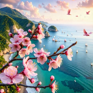 Nature Aerial Photography: Cherry Blossoms In Coastal Environment With Beautiful Beach