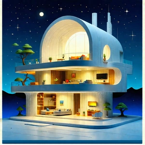 Tech Woodcut Print: Futuristic Smart Home With Model House