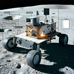 A Robotic Vehicle Is Parked On The Moon, With A Large Antenna On Top