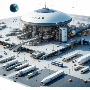 The Image Is A Futuristic Drawing Of A Large Space Station With A Dome-shaped Structure