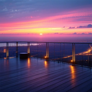 Urban Digital Art: Observation Deck With Sunset Glow With Beautiful Sunset